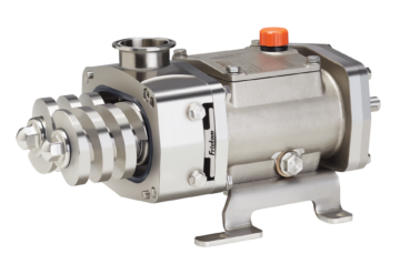 Fristam FDS sanitary twin screw positive displacement pump in stainless steel, designed for hygienic CIP and high-viscosity product handling.